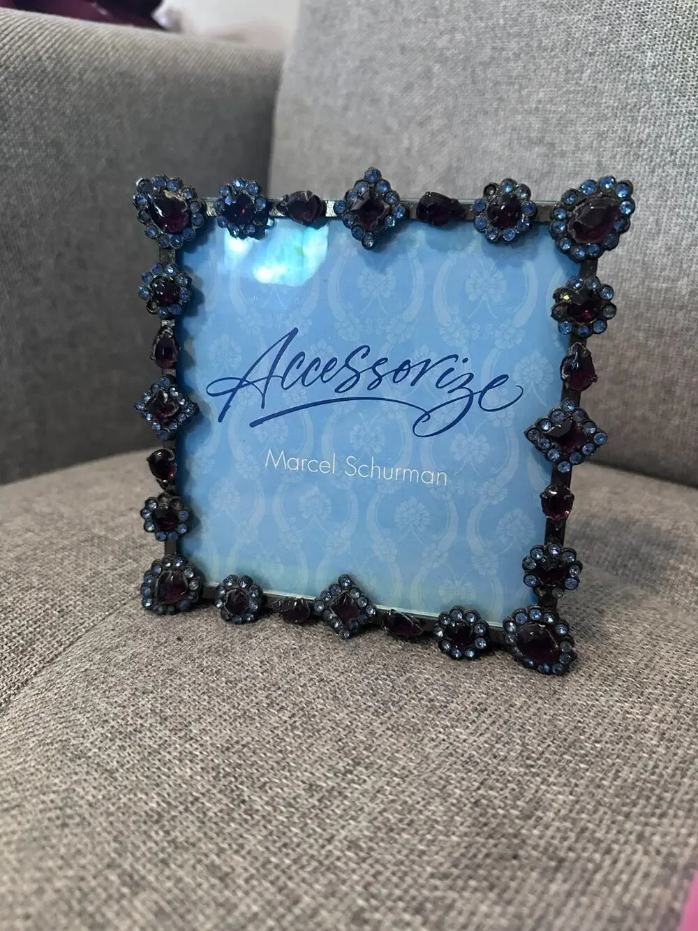 Vintage Marcel Schurman Rhinestone Flower Picture Photo Frame Blue Purple Metal